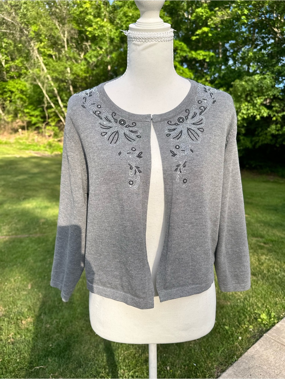 Gray Embellished Open-Front Women's Cardigan